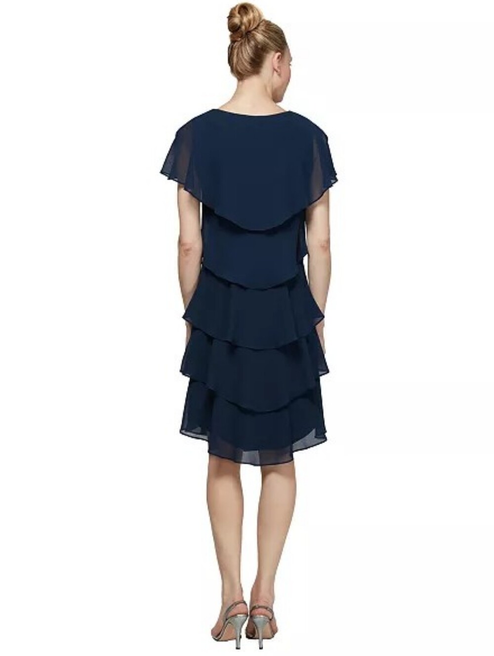 SLNY Navy Blue Tiered Capelet Rhinestone Detail Flowy Ruffle Dress Size 12 - Picture 3 of 14